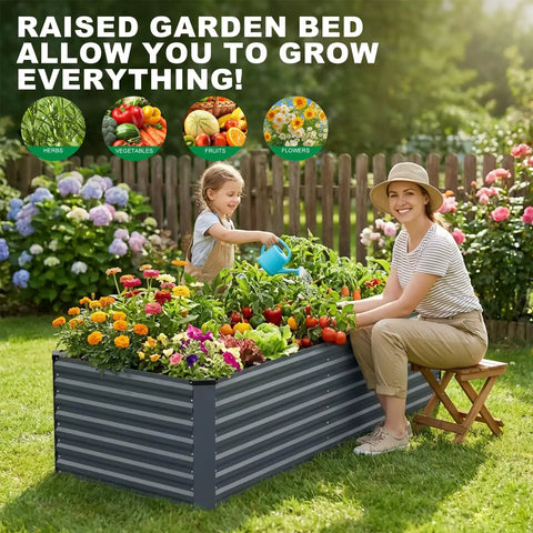 Heavy-Duty Galvanized Raised Garden Bed 6x3x2 Ft For Vegetables, Outdoor Metal Planter Box With Rust Resistant Panels in garden setting