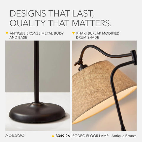 Antique Bronze Floor Lamp With Khaki Burlap Drum Shade, 3 Way Brightness And Adjustable Swing Arm, metal base detail
