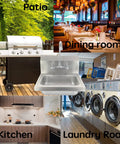 Stainless Steel Hand Sink Basin 17 X 15 Inches Wall Mount in various settings: patio, dining room, kitchen, and laundry room.
