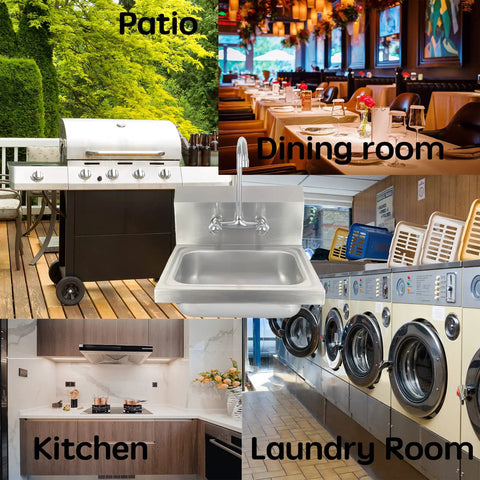 Stainless Steel Hand Sink Basin 17 X 15 Inches Wall Mount in various settings: patio, dining room, kitchen, and laundry room.