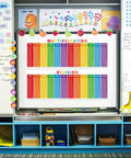 Colorful classroom with Two Large Laminated Math Posters 14 By 39 Inches Multiplication And Division Charts visible on board.