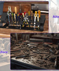Before and after image showing Space Saving Desktop Screwdriver Storage Rack And Iron Tool Organizer Holder, organized vs. messy tools