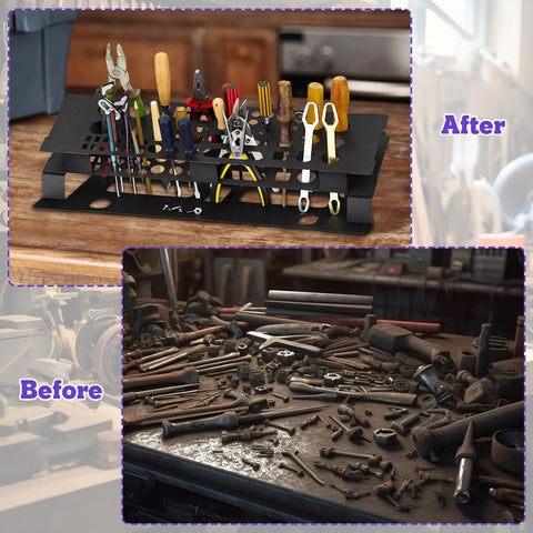 Before and after image showing Space Saving Desktop Screwdriver Storage Rack And Iron Tool Organizer Holder, organized vs. messy tools
