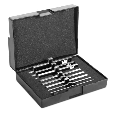 Top Shelf Anodized Aluminum Setup Blocks Eight Piece Precision Gauge Set For Router Tables And Table Saws With Laser Etched Markings Cnc Machined Woodworking Tools Includes Hard Carry Case showing closed case with precision blocks inside.