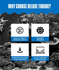 Image of aquarium with four icons showing benefits of using Deluxe Tubing for fish tanks, including easy trimming and durable material.