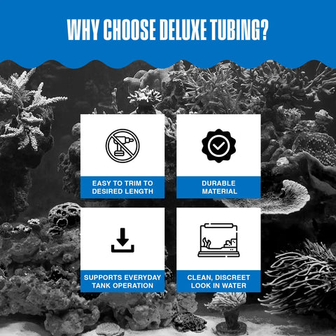 Image of aquarium with four icons showing benefits of using Deluxe Tubing for fish tanks, including easy trimming and durable material.