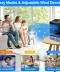 Family in living room next to Ultimate Portable Air Conditioner Mini Personal AC For Desk And Bedroom, 3 Speed Evaporative Cooler