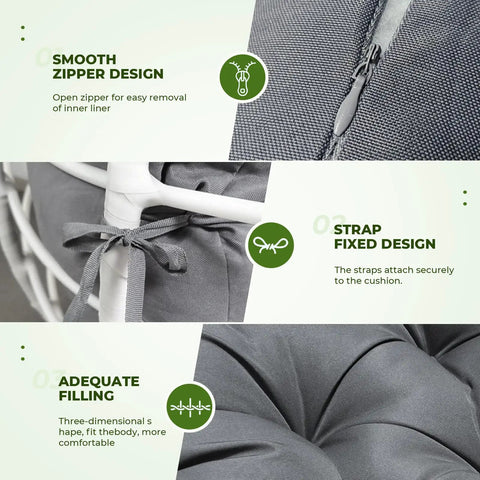 Waterproof Outdoor Egg Chair Cushion for Hanging Chairs Thick 35x47x7 Inches Grey Replacement Cushion showing zipper, strap, and filling.