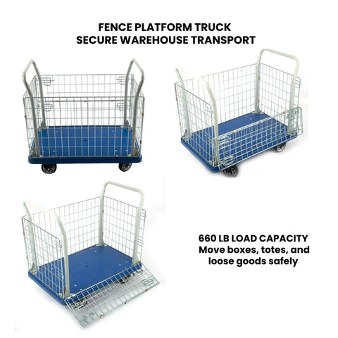 Heavy Duty Platform Truck Cart With Three Sided Steel Fence And 660 Pound Capacity Measures 23 By 35 Inches Featuring Sturdy Polypropylene Deck Paired With Five Inch Wheels That Roll Smooth Through Warehouses And Garages Daily