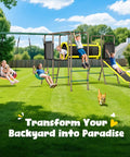 All In One Backyard Swing Set With Slide Crawl Tunnel And Monkey Bars For Kids Aged 3 To 12 Outdoor Metal Playground Set 660 Pound Weight Capacity 5 In 1 Design shown in a backyard with children playing.