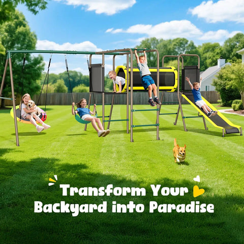 All In One Backyard Swing Set With Slide Crawl Tunnel And Monkey Bars For Kids Aged 3 To 12 Outdoor Metal Playground Set 660 Pound Weight Capacity 5 In 1 Design shown in a backyard with children playing.