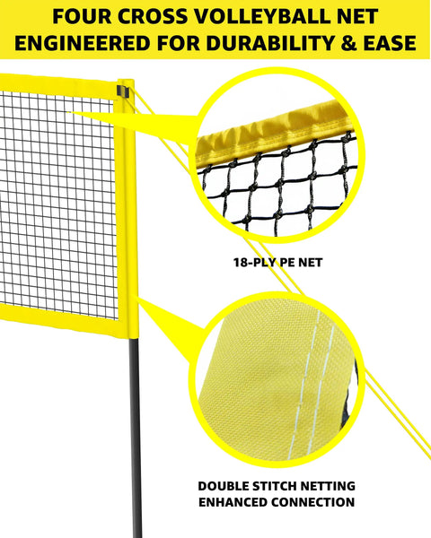 Four Square Volleyball Game Set With 4 Way Cross Net For Backyard And Beach showing yellow net detail with stitching
