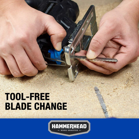 Hammerhead 4.8-Amp jig saw, blue housing, close-up of tool-free blade change with two wood blades