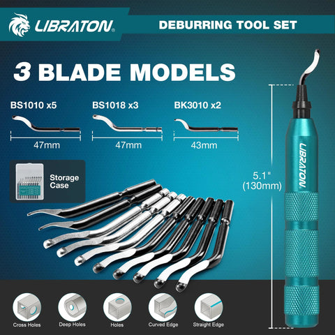 LIBRATON deburring tool set with teal handle, 10 HSS blades, 3 blade models, storage case (front view)