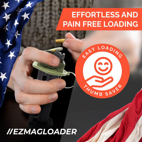 Hands using TX22 Magazine Speed Loader for Taurus TX22 Models, showing effortless pain-free loading and thumb saver feature