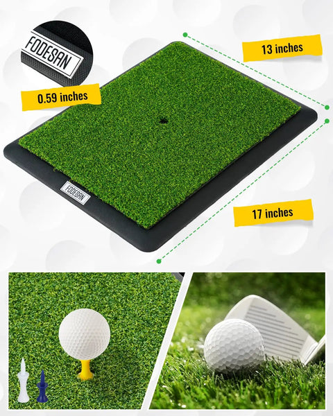 Dual Turf Golf Hitting Mat With Replaceable Surfaces And Tees, 13x17 inch, shown with golf ball and tees on grass