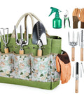 9-Piece Heavy Duty Garden Hand Tools Set With Rust-Proof Stainless Steel Tools And Cool Organizer Tote in floral design