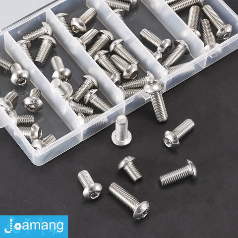 Heavy Duty M8 Button Head Socket Cap Screw Assortment Kit With 304 Stainless Steel Fully Threaded Metric Allen Hex Bolts in various sizes.