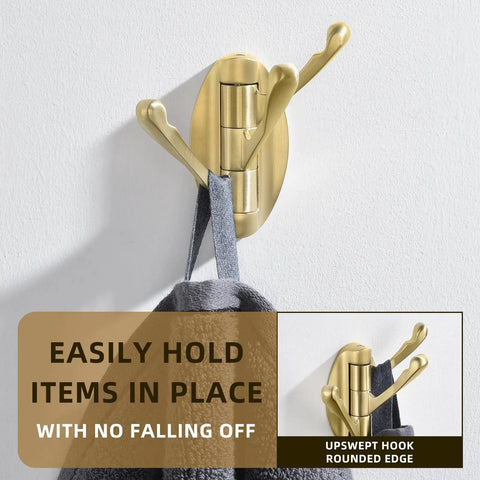Three Arm Brushed Gold Folding Swivel Towel Hook Space Saving Metal Towel Holder For Bathroom Robe And Coat Also Perfect RV Organizer Screw Mount Smooth Fold Easy Install No Closet Needed mounted on wall holding towel