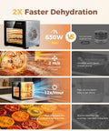 Eight Tray Stainless Steel Food Dehydrator With Digital Timer And Precise Temperature Control Auto Shut Off Ultra Quiet 650W Motor features 2x faster dehydration and strong air circulation.