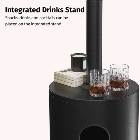 50,000 BTU Outdoor Patio Heater With Round Table Design featuring integrated drink stand with glasses and candle, black finish.