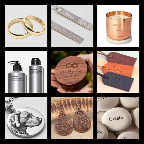 Top Shelf 30 Watt Mopa Fiber Laser Engraver With Red Dot Guide And LightBurn Compatibility For Killer Metal Color Marking On A Generous 7 X 7 Inch Work Area That Actually Hits Different, showcasing various engraved items.