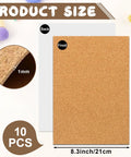 Ten Piece Natural Cork Self Adhesive Sheets Eight Point Three By Eleven Point Seven Inches One Millimeter Thick on a white background.