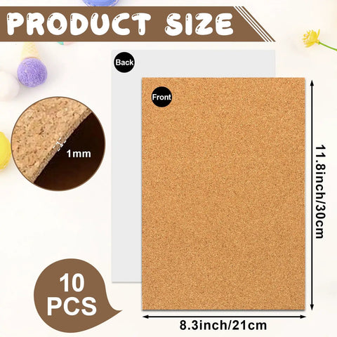 Ten Piece Natural Cork Self Adhesive Sheets Eight Point Three By Eleven Point Seven Inches One Millimeter Thick on a white background.