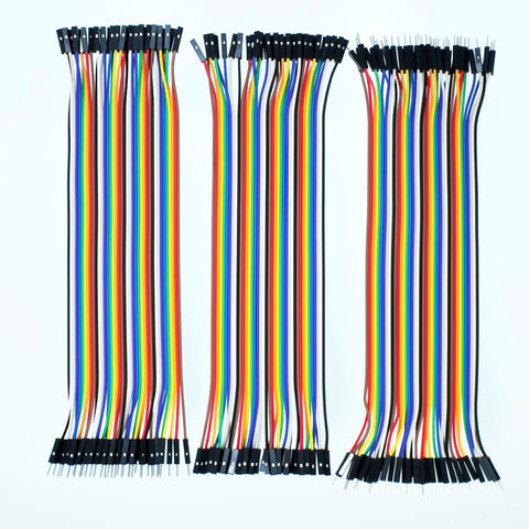 120Pcs Multicolor Dupont Jumper Wires 40 Pin Male To Female Breadboard Kit for Arduino Prototyping 20cm Cables. Three rows.
