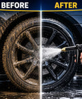 Beastly High Pressure Hose Nozzle For Garden Hose cleaning car wheel, showing before and after effect on dirty and clean surfaces