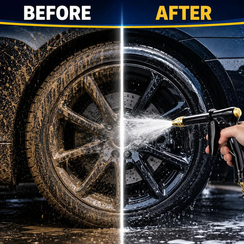Beastly High Pressure Hose Nozzle For Garden Hose cleaning car wheel, showing before and after effect on dirty and clean surfaces