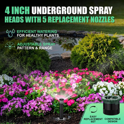 Straight Fire 4 Inch Pop Up Sprinkler Heads 10 Pack Includes 5 Replacement Nozzles for Yard and Landscape adjustable spray in flower garden