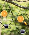 Two Oriole Bird Feeders Set With Orange Fruit Holder And Grape Jelly Grass, Outdoor Hanging Feeders For Baltimore Oriole, shown hanging from tree branches with birds.