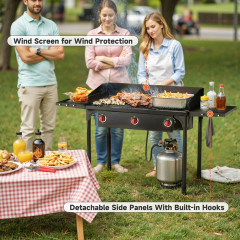 Three Burner Propane Stove with 225000 BTU High Pressure Output for Camping and Backyard, Outdoor Gas Stove with Windscreen and Side Shelves
