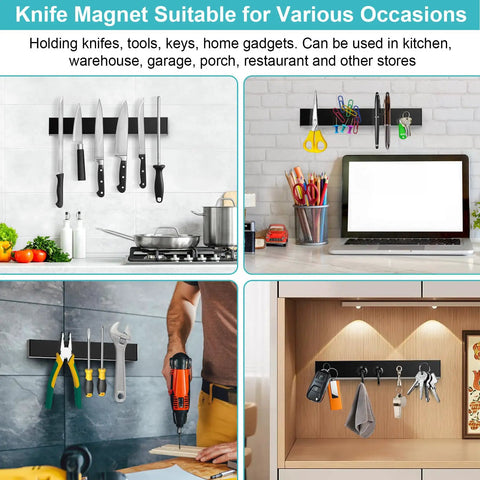 Heavy Duty Magnetic Knife Strip With 3 Hooks, 14 Inch Wall Mount Knife Holder For Kitchen And RV, No Drill Adhesive Backing, Fridge Refrigerator Knife Organizer Bar, Ultra Strong Magnet For Utensils, Game Changing Kitchen Storage, wall-mounted with knives, hooks, and tools