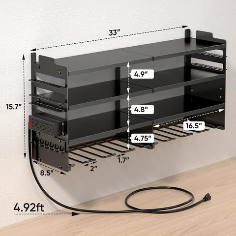 Rugged Power Tool Organizer Wall Mount With Charging Station, 4 Layer Heavy Duty Metal Tool Rack Holds 600 Lbs, 8 Cordless Drill Holders