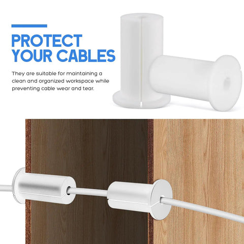 Slick Wall Cable Grommets Kit For Gaming Rigs And Home Theater To Hide Messy Wires With Durable Silicone Pass Through Holes That Protect Cables From Damage While Keeping Your Entertainment Setup Totally Neat And Super Easy To Install. white silicone cable grommet in wood panel hole