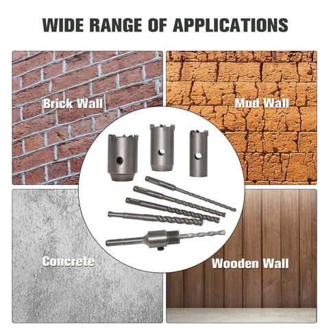 8 Piece Concrete Hole Saw Kit 2 Inch Masonry Hole Saws For Cement SDS Plus Core Bits for various wall types including brick, mud, and concrete.