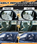 Before and after images showing effectiveness of Windshield Chip And Crack Repair Kit 2 Set With Quick Glass Repair Fluid.