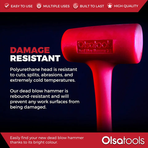 3 Lb Dead Blow Hammer with Non Marring Polyurethane Head, Steel Shot Filled for Rebound Free Strikes in red color.