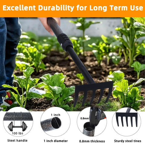 Adjustable Handle Hand Rake For Weeding And Tilling, Small Garden Tool With Soft Foam Grip, 5-tine head in a garden