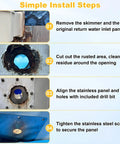 Installation steps for 8x8 Inch Pool Water Return Repair Kit for Above-Ground Pools with drill bit and hardware included.