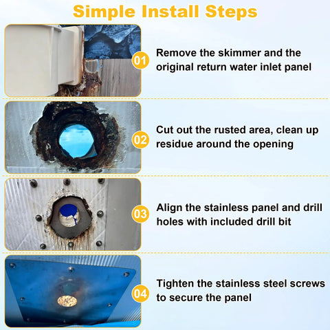 Installation steps for 8x8 Inch Pool Water Return Repair Kit for Above-Ground Pools with drill bit and hardware included.