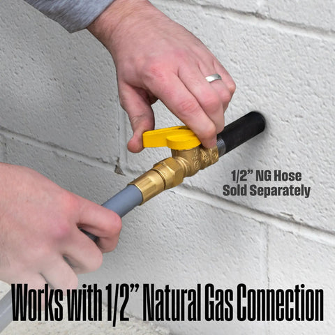 Hands connecting 1/2" natural gas hose to Tri-Fuel Portable Generator With Remote Electric Start, Transfer Switch Ready