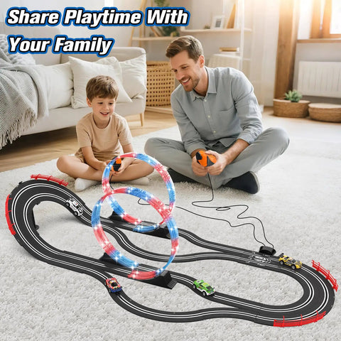 Child and adult playing with Dual Lane Slot Car Race Track Set With Four High-Speed Cars, Electric Track, Dual Controllers in living room.