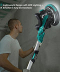 Electric Drywall Sander Kit With Integrated Vacuum Dust Collector And Telescoping Pole Sander Attachment in use, featuring LED light.