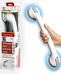 Hand holding suction cup grab bar for bathtubs and showers, no tool install, portable safety handle in white and gray, 16-inch length.