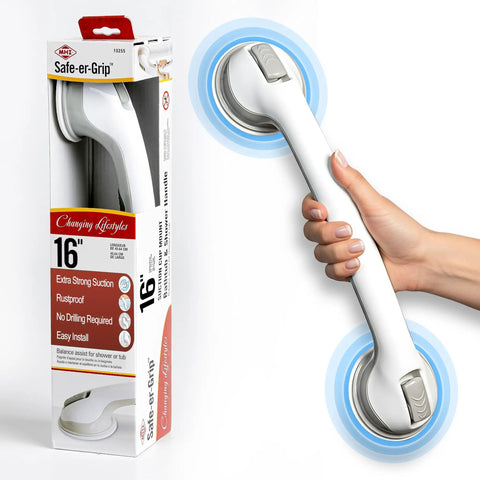 Hand holding suction cup grab bar for bathtubs and showers, no tool install, portable safety handle in white and gray, 16-inch length.