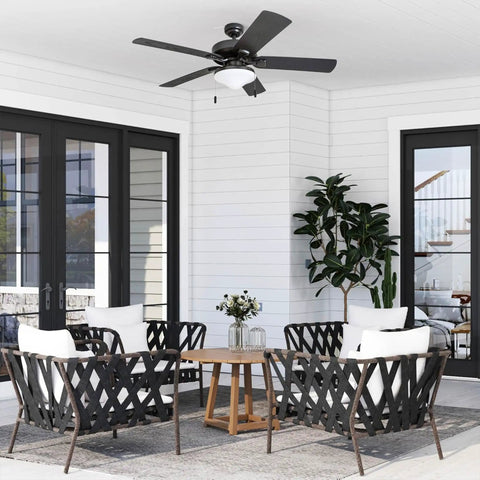 52 Inch Ceiling Fan With Light For Indoor And Outdoor Spaces, Pull Chain Control, LED 1200 Lumens At 3000K, Tri Mount Bronze Design, Damp Rated For Porches Decks And Garages
