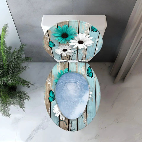 Toilet Seat Elongated Quiet-Close for Farmhouse Use with floral design and butterfly details on a blue wood background.